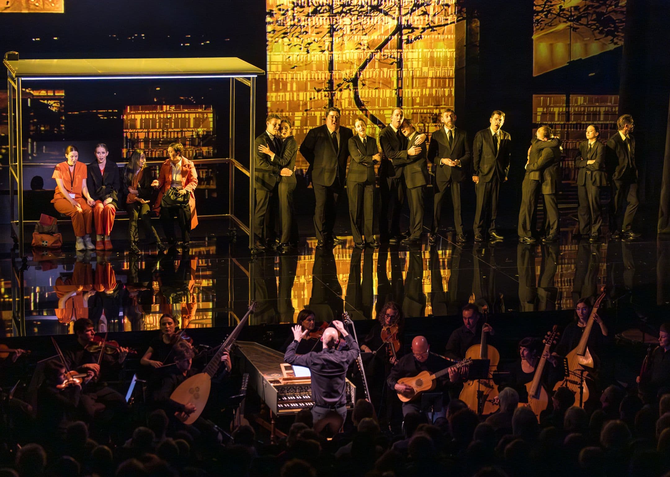 The cast of The Fairy Queen in a bus stop scene on stage at Roslyn Packer Theatre