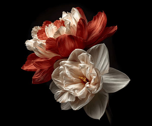 Concertos and Sonatas image depicting two flowers, orange and white, with a black backdrop.