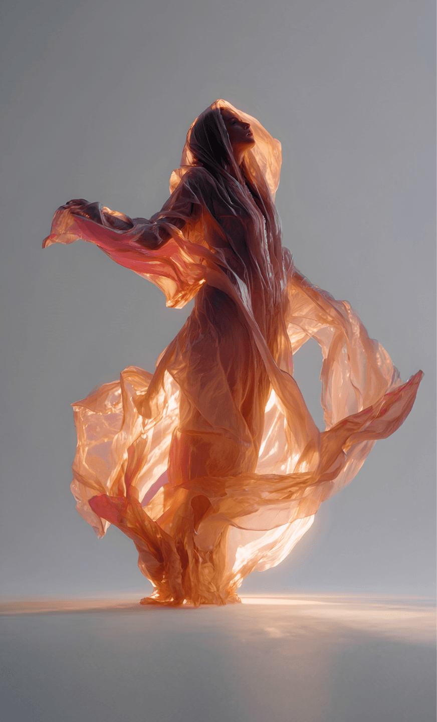 A female figure wrapped in a windswept pink sheet, illuminated backlit from behind, she stands in profile and looks up
