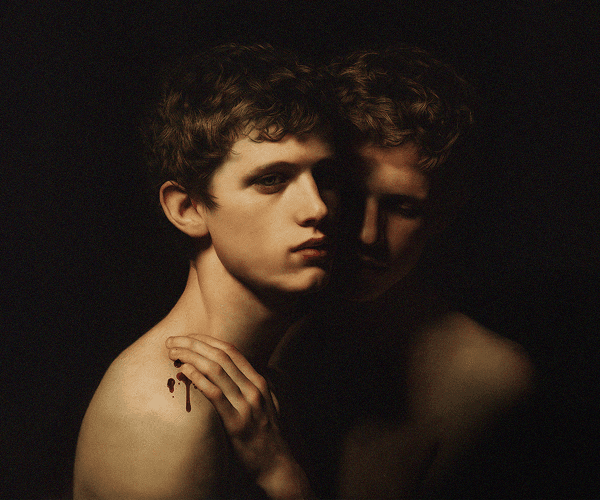 The First Murder AI banner image of two shirtless teenage boys standing in darkness, one has blood on his shoulder