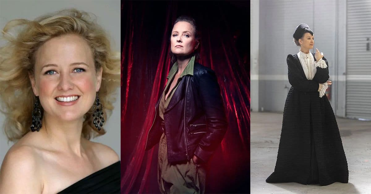 Three images of the late Taryn Fiebig, one of her headshot, smiling, one of her dressed in a leather jacket, the other in costume on set of the film A Delicate Fire.