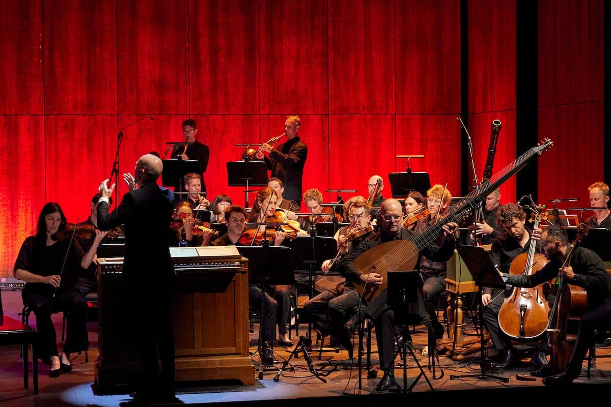 From the organ, Erin Helyard conducts the Orchestra i the Antipodes in Theodora in Concert at the Joan Sutherland Theatre, Sydney Opera House