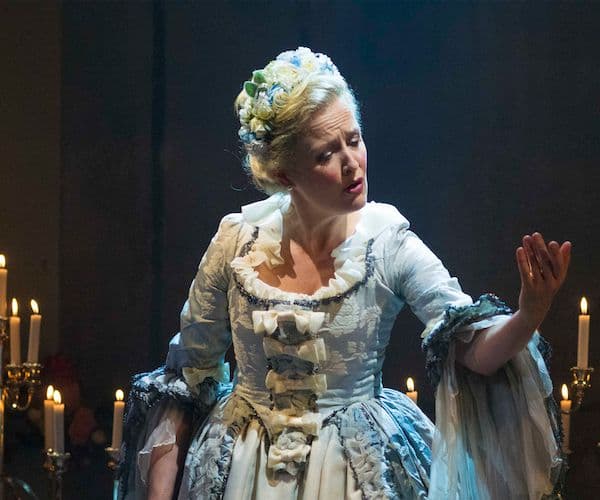 Soprano, Taryn Feibig onstage wearing a blue gown for Pinchgut Opera at City Recital Hall