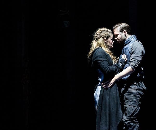 Two performers in an embrace onstage at City Recital Hall for Pinchgut Opera Farnace
