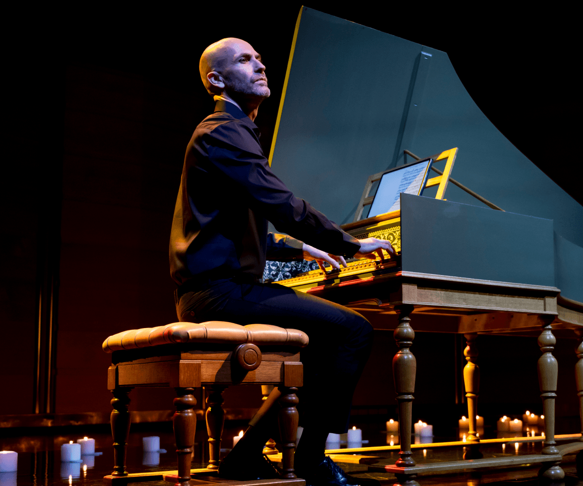 Erin Helyard playing the harpsichord on stage at City Recital Hall for Goldberg Variations