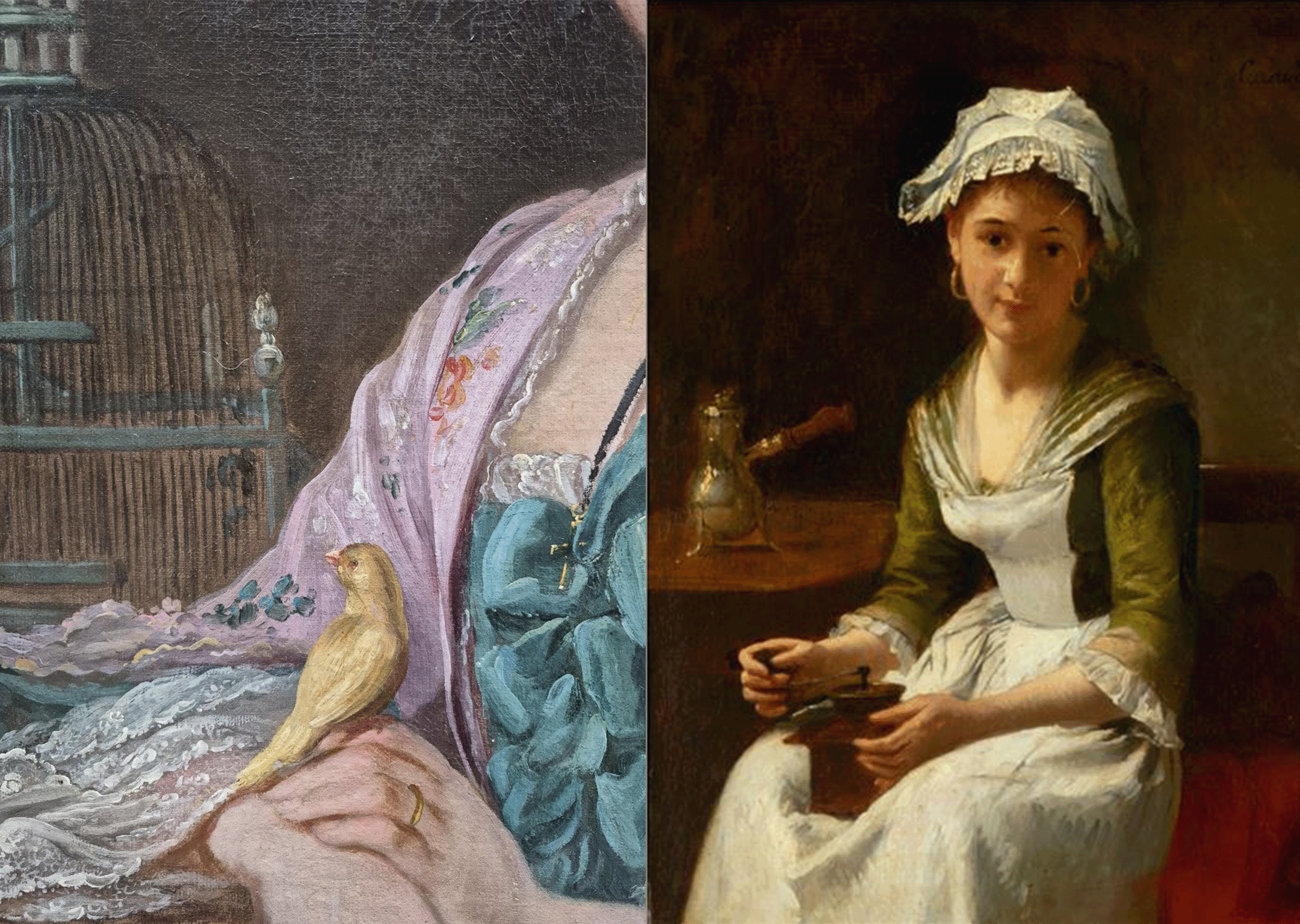 a painting of a canary on a woman's hand, and a young woman with a coffee grinder